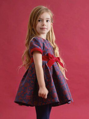 Tutto Piccolo Jaquard Dress with Velvet Trim in Blue/Red, size 6 years